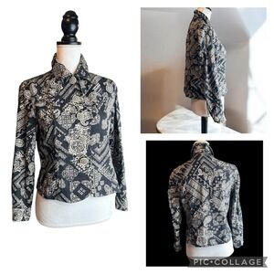 Coldwater Creek Womens Petite Silk Cotton Paisley Tapestry Jacket Black White PS